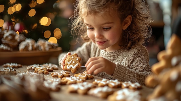 Photo little girl decorating christmas cookies