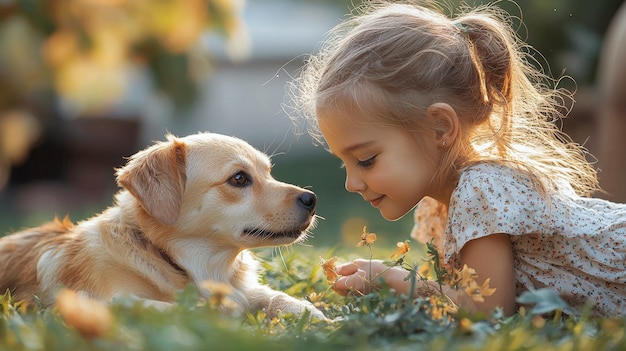 Photo little girl and dog best friends in a green meadow