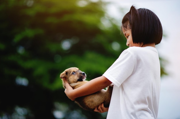 little girl and dog Love between man and dog Bonding of children and intelligent pets playing in the backyard love concept