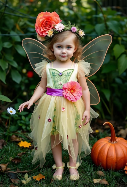 Photo a little girl dressed as a butterfly and a pumpkin