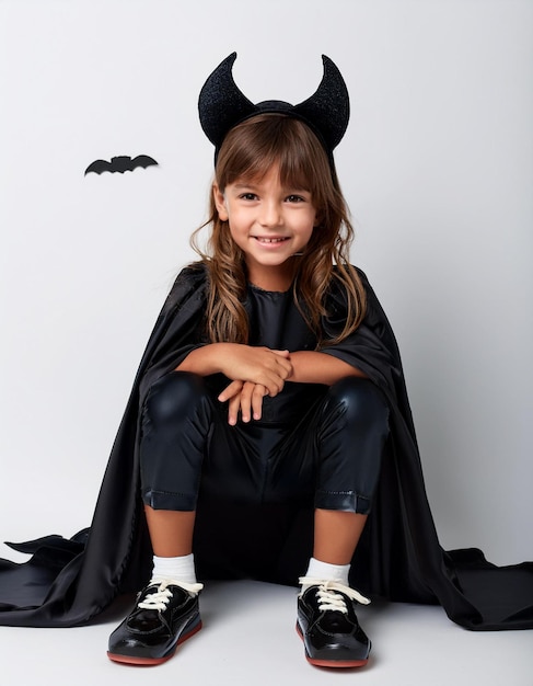 a little girl dressed as a vampire sits on a white surface