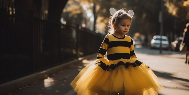 Little girl dressed in a bumblebee halloween costume in the street golden hour ai generated