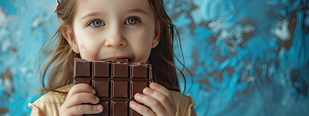 little girl eating chocolate closeup Selective focus