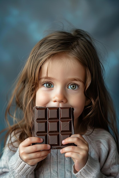 little girl eating chocolate closeup Selective focus