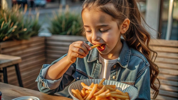 a little girl eating french fries from a bowl