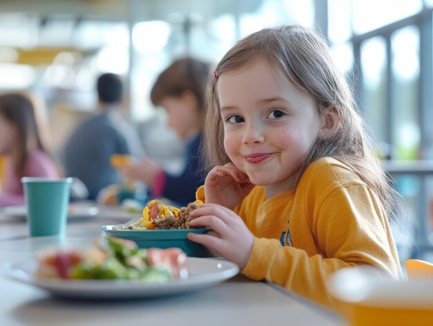 Photo little girl eating lunch