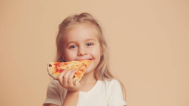 Little girl eating pizza Happy child with slice of pizza on beige background