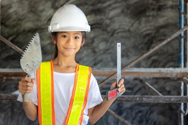 Little girl engineer wear safety shirt and safety helmet holding tool on construction site Learning and dream job concept