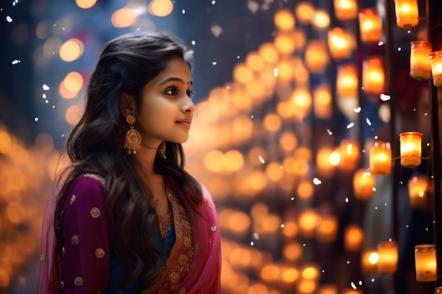 Photo little girl enjoy the diwali festival with lighting bokeh