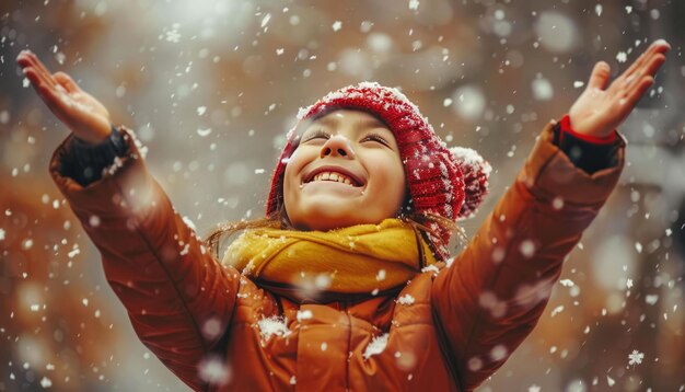 Photo little girl enjoying the snowfall with her arms outstretched