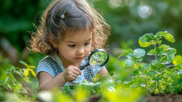 Photo little girl exploring nature with magnifying glass