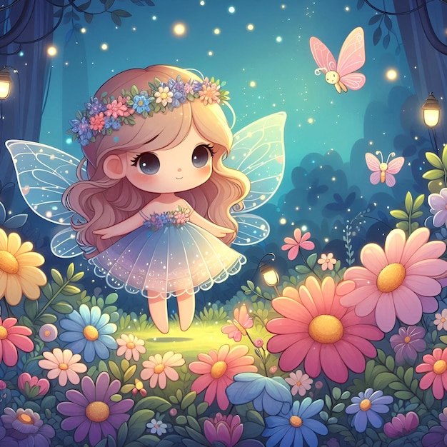 A little girl fairy with a butterfly and flowers in the background illustration