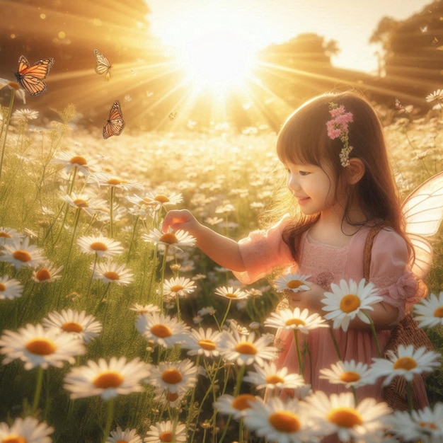 a little girl in a field of daisies with a butterfly