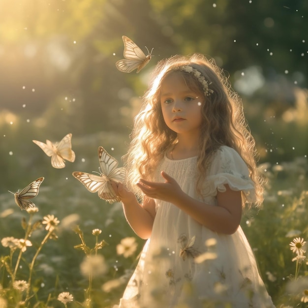 a little girl in a field of flowers with butterflies