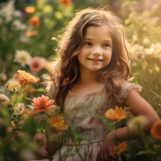 a little girl in a field of flowers with a sun shining behind her