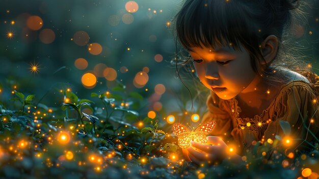 a little girl in the garden with a flower in her hand