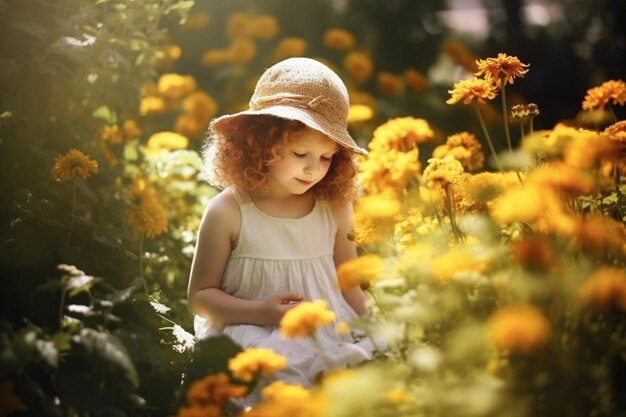 a little girl in a garden with flowers and a hat