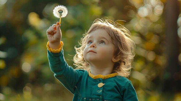 Photo little girl gazing at a dandelion