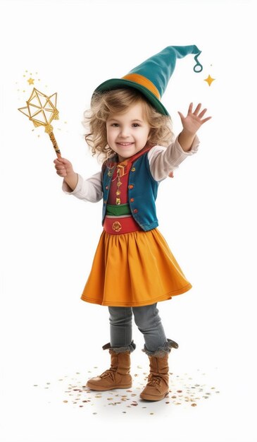 Photo a little girl in a green and yellow outfit with a star on her hat