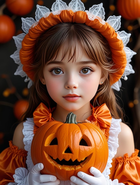 a little girl in a halloween costume is wearing a hat with a pumpkin on it