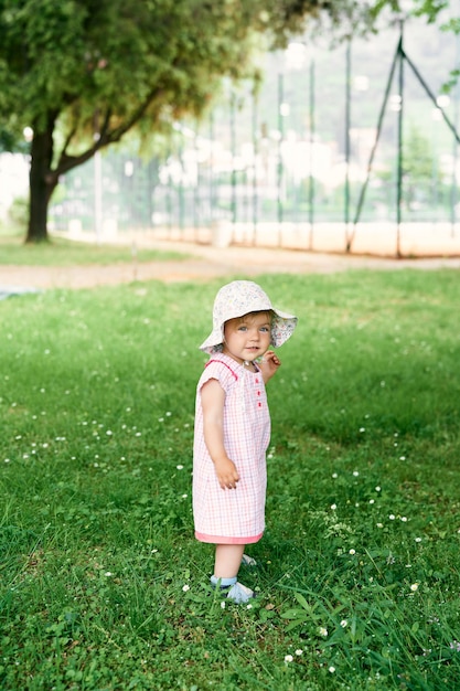 Little girl in a hat stands on a green meadow among wildflowers