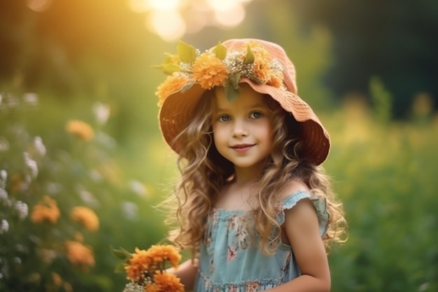 A little girl in a hat with a flower crown on her head stands in a field.