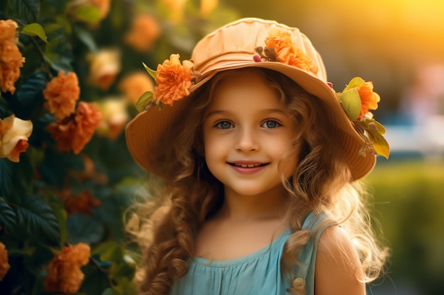 A little girl in a hat with flowers