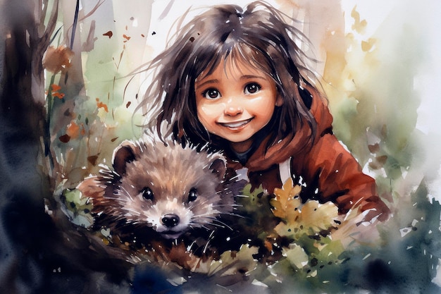 Little girl and hedgehog in the autumn forest Watercolor painting