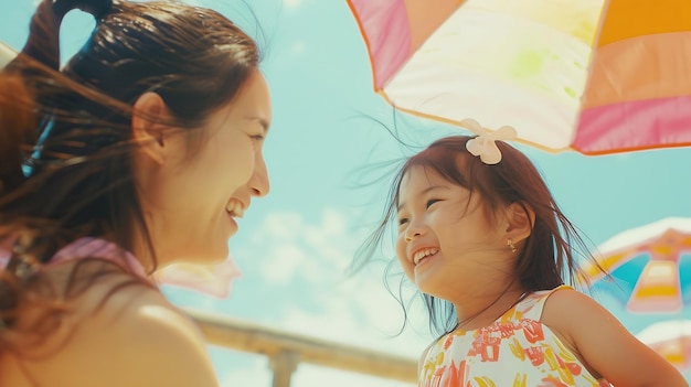 little girl and her mother have a good time at the seaside resort Generative AI