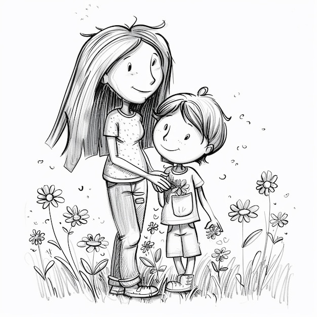 Photo a little girl and her mummy in cartoon style