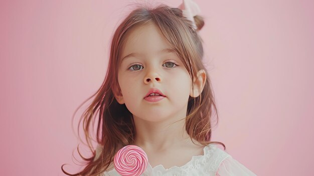 Little girl hold in your hand a pink lollipop on pastel pink background