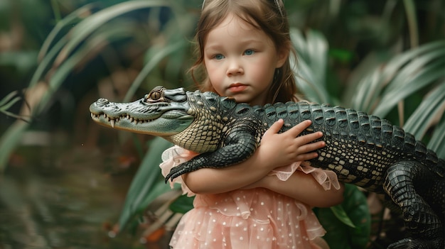 a little girl holding an alligator with a crocodile on her arm