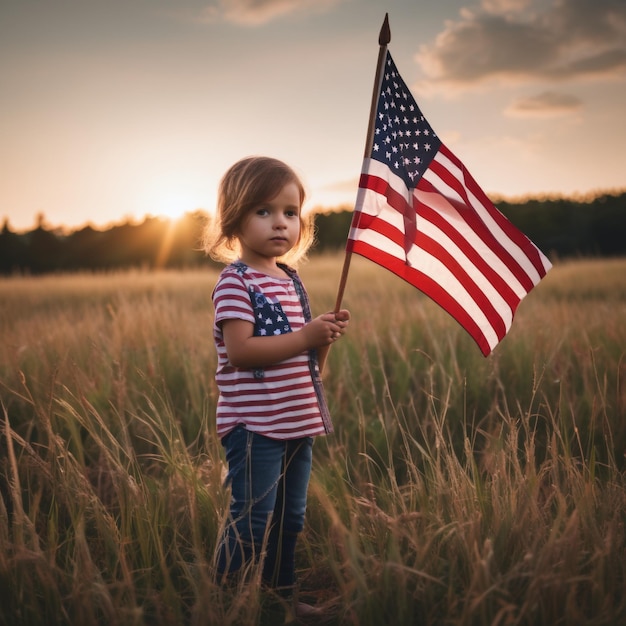 A little girl holding an american flag in a field