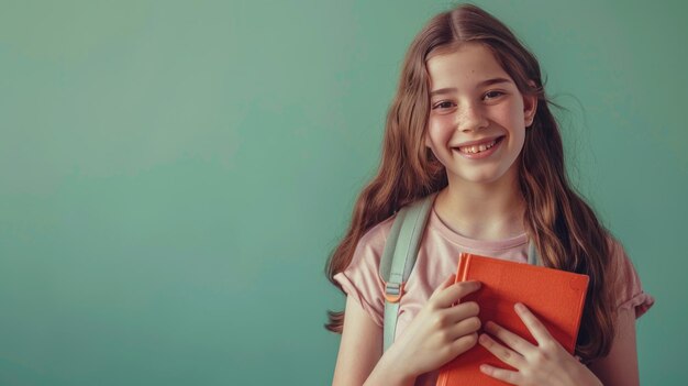 Photo little girl holding a book and carrying a backpack