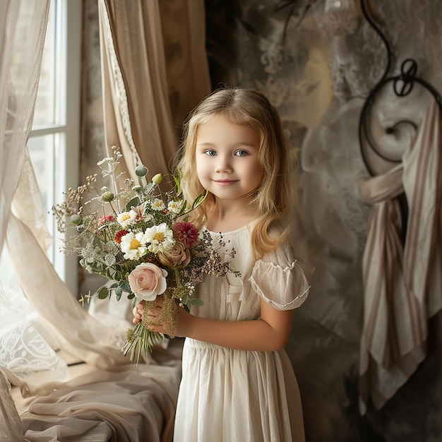 a little girl holding a bouquet of flowers in front of a window