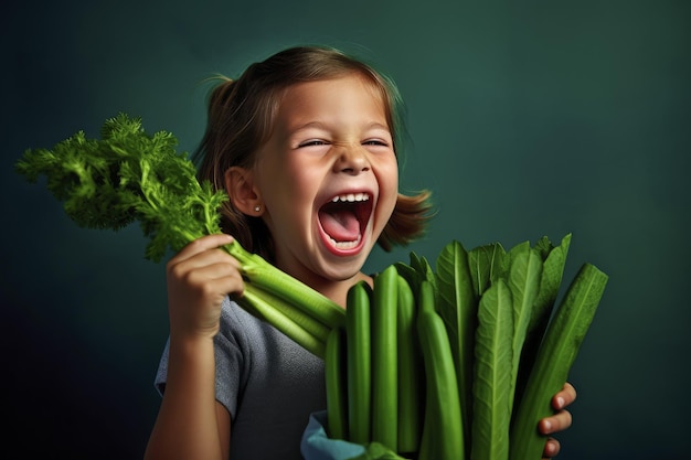 A little girl holding a bunch of celery