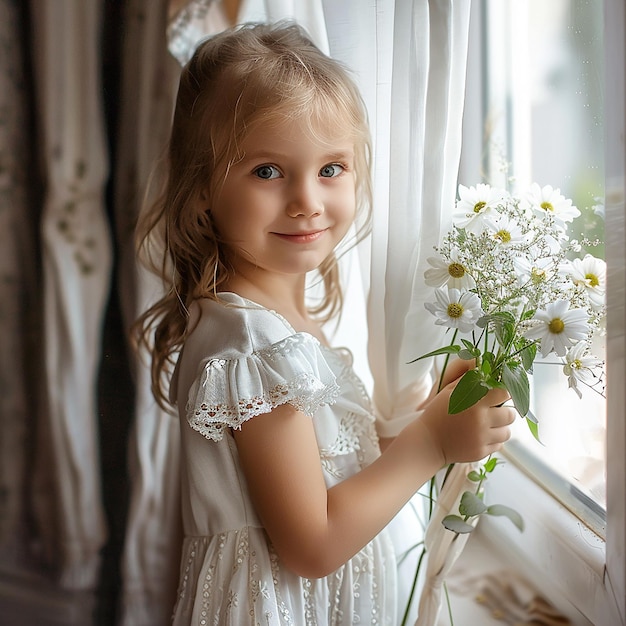 a little girl holding a bunch of flowers by a window