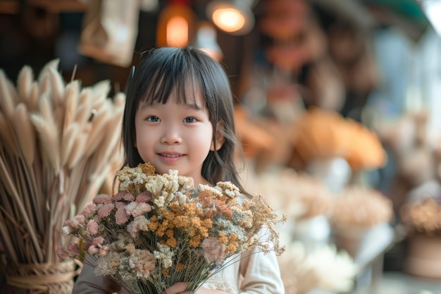 Little Girl Holding Bunch of Flowers