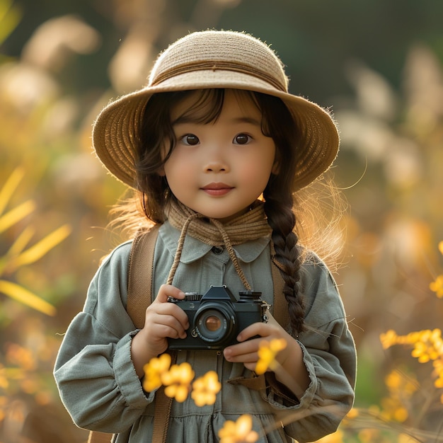 Photo a little girl holding a camera in a field of flowers