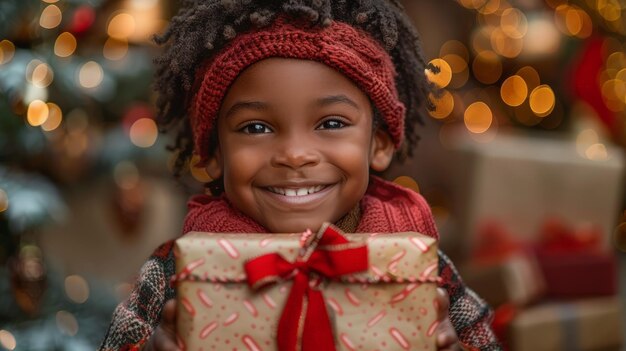 Little Girl Holding Christmas Present by Christmas Tree