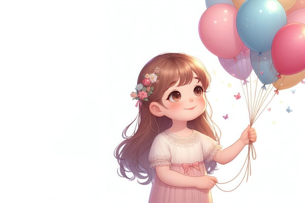 Little girl holding colorful balloons Space for text