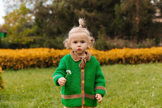 Little girl holding a dandelion in her hands.