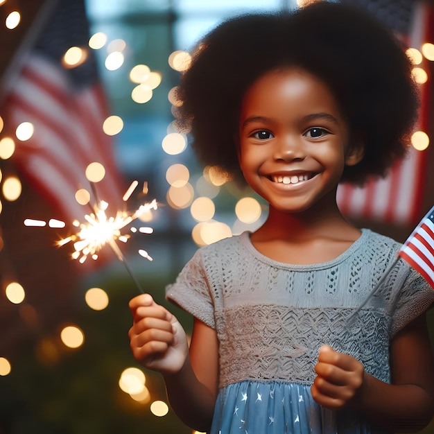 a little girl holding a flag and a flag with the words quot happy birthday quot on it