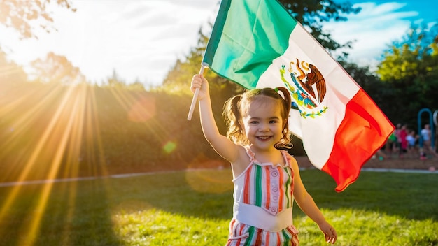 a little girl holding a flag in front of a sun