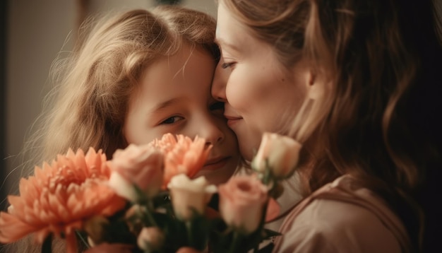 Little girl holding flowers hugging her mother and celebrating mother's day Generative AI