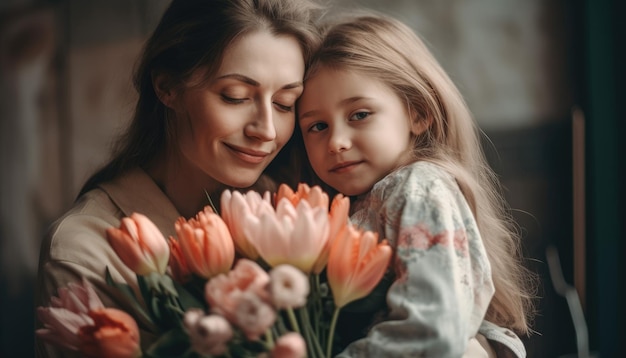 Little girl holding flowers hugging her mother and celebrating mother's day Generative AI