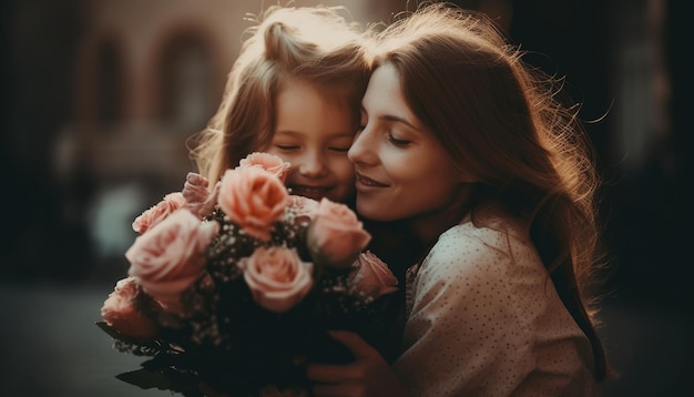 Little girl holding flowers hugging her mother and celebrating mother's day Generative AI