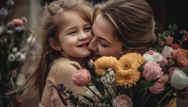 Little girl holding flowers hugging her mother and celebrating mother's day Generative AI