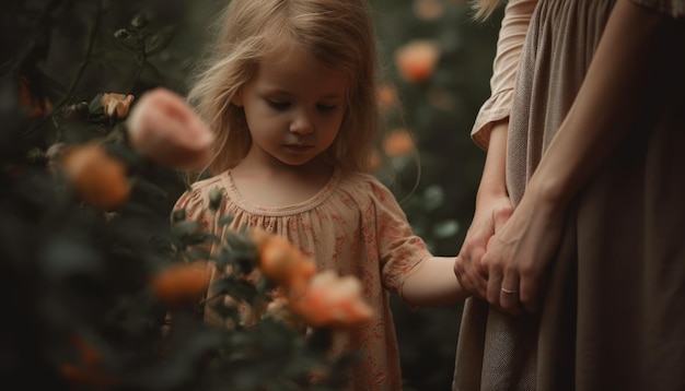 Little girl holding flowers hugging her mother and celebrating mother's day Generative AI