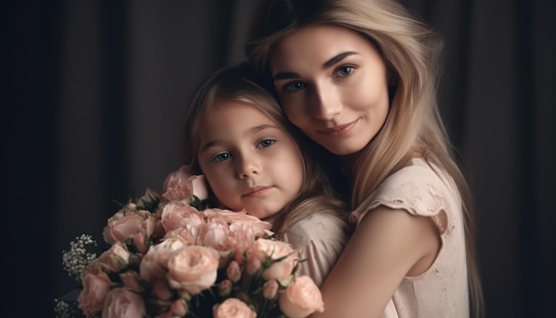 Little girl holding flowers hugging her mother and celebrating mother's day Generative AI